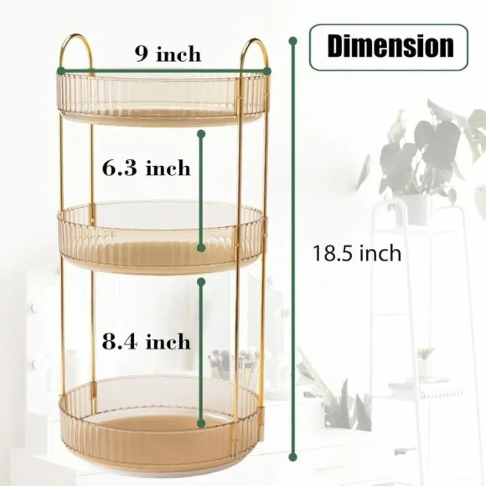New 3-Tier Rotating Makeup Organizer, Clear Amber Gold Vanity & Skincare Storage